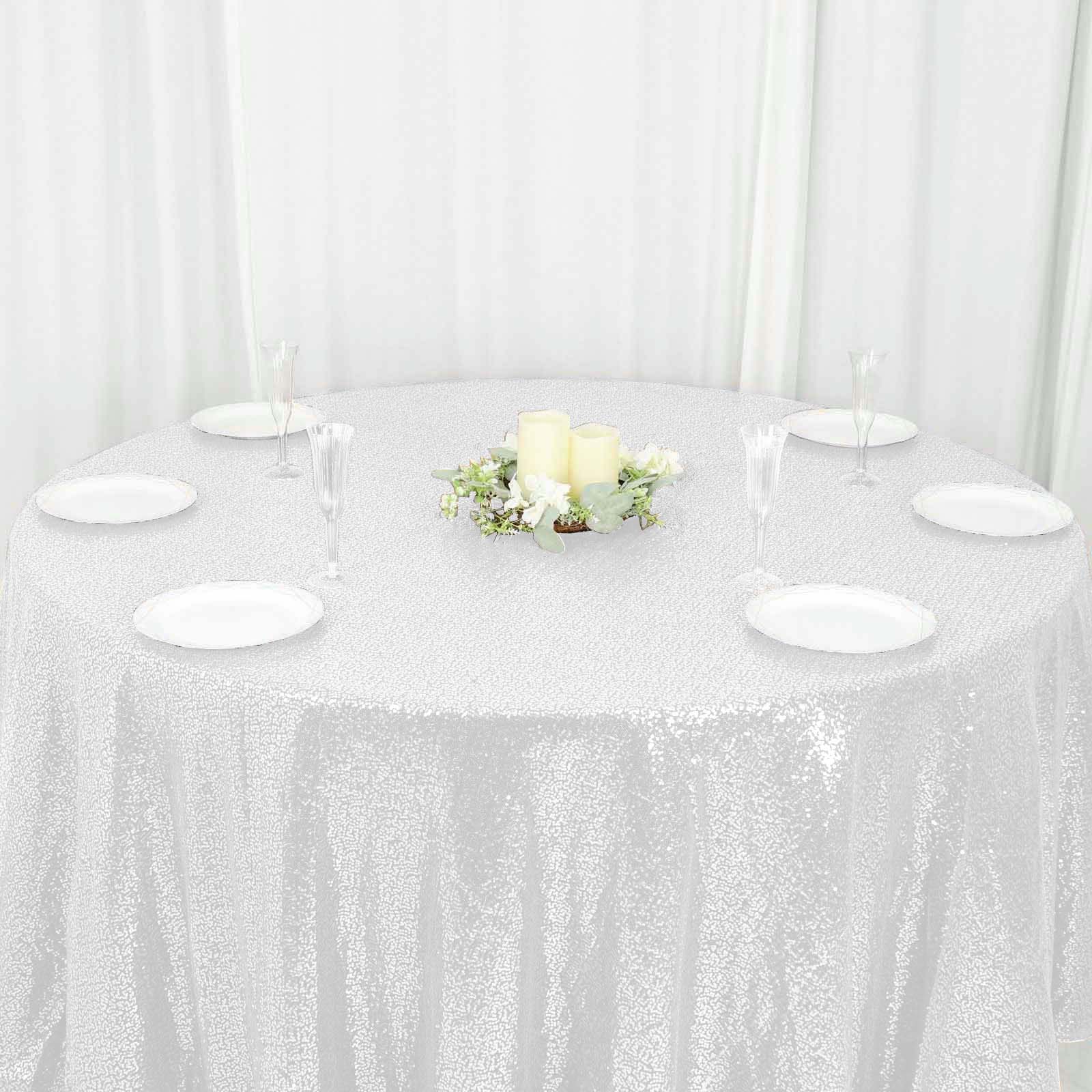 Sequin 120" Round Tablecloth White - Seamless Glittering Design for Sophisticated Events - Linen Luxes