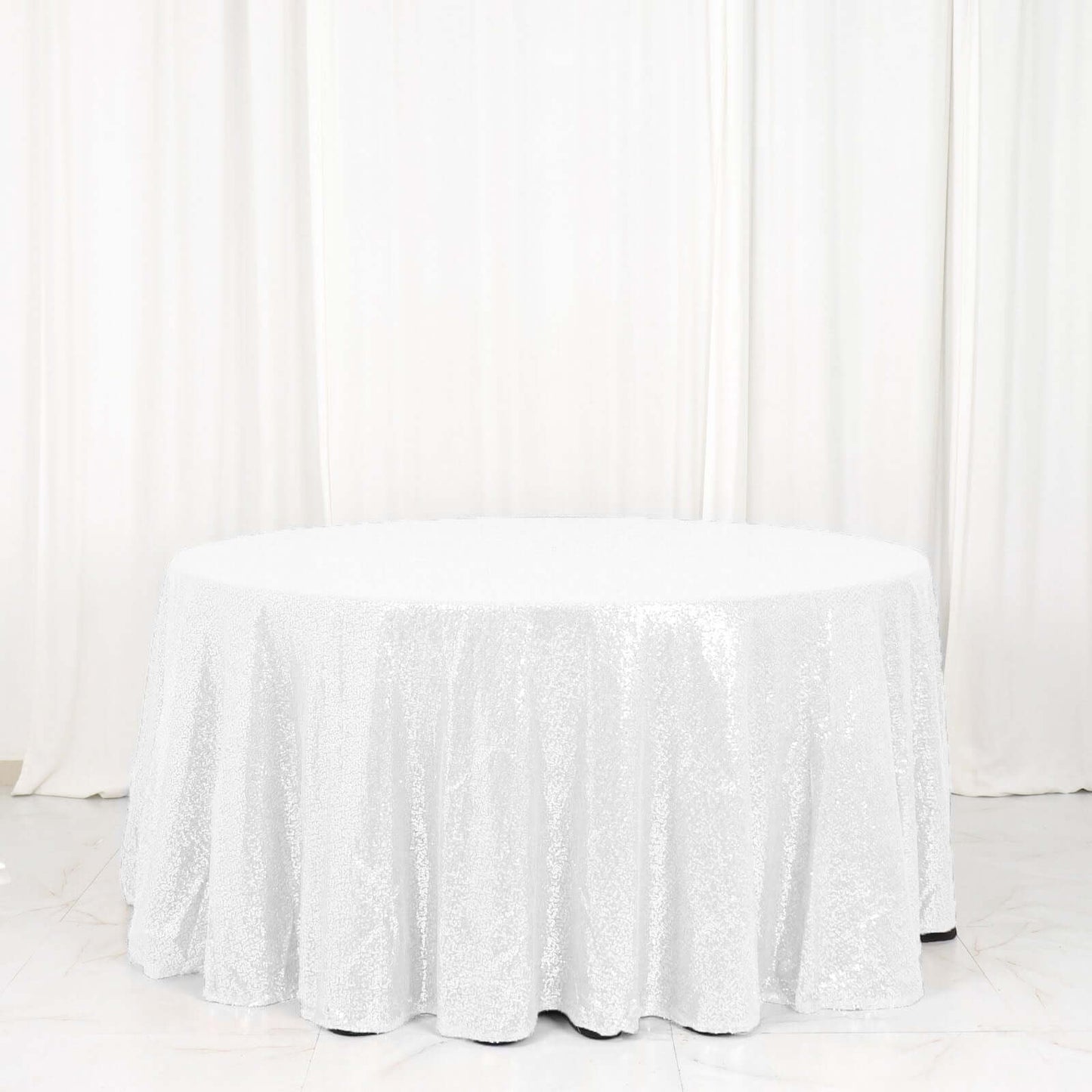 Sequin 120" Round Tablecloth White - Seamless Glittering Design for Sophisticated Events - Linen Luxes