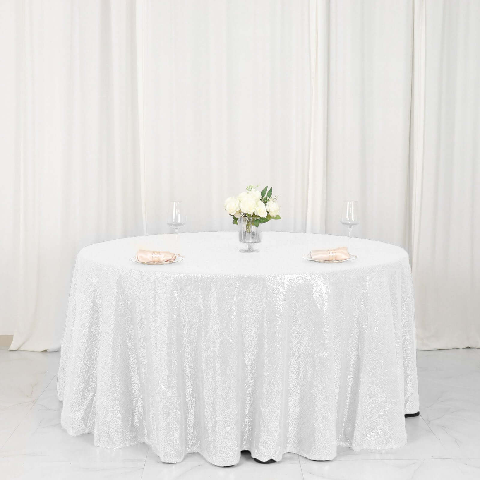 Sequin 120" Round Tablecloth White - Seamless Glittering Design for Sophisticated Events - Linen Luxes