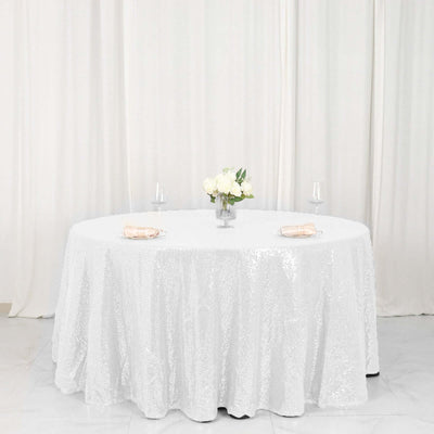 Sequin 120" Round Tablecloth White - Seamless Glittering Design for Sophisticated Events - Linen Luxes