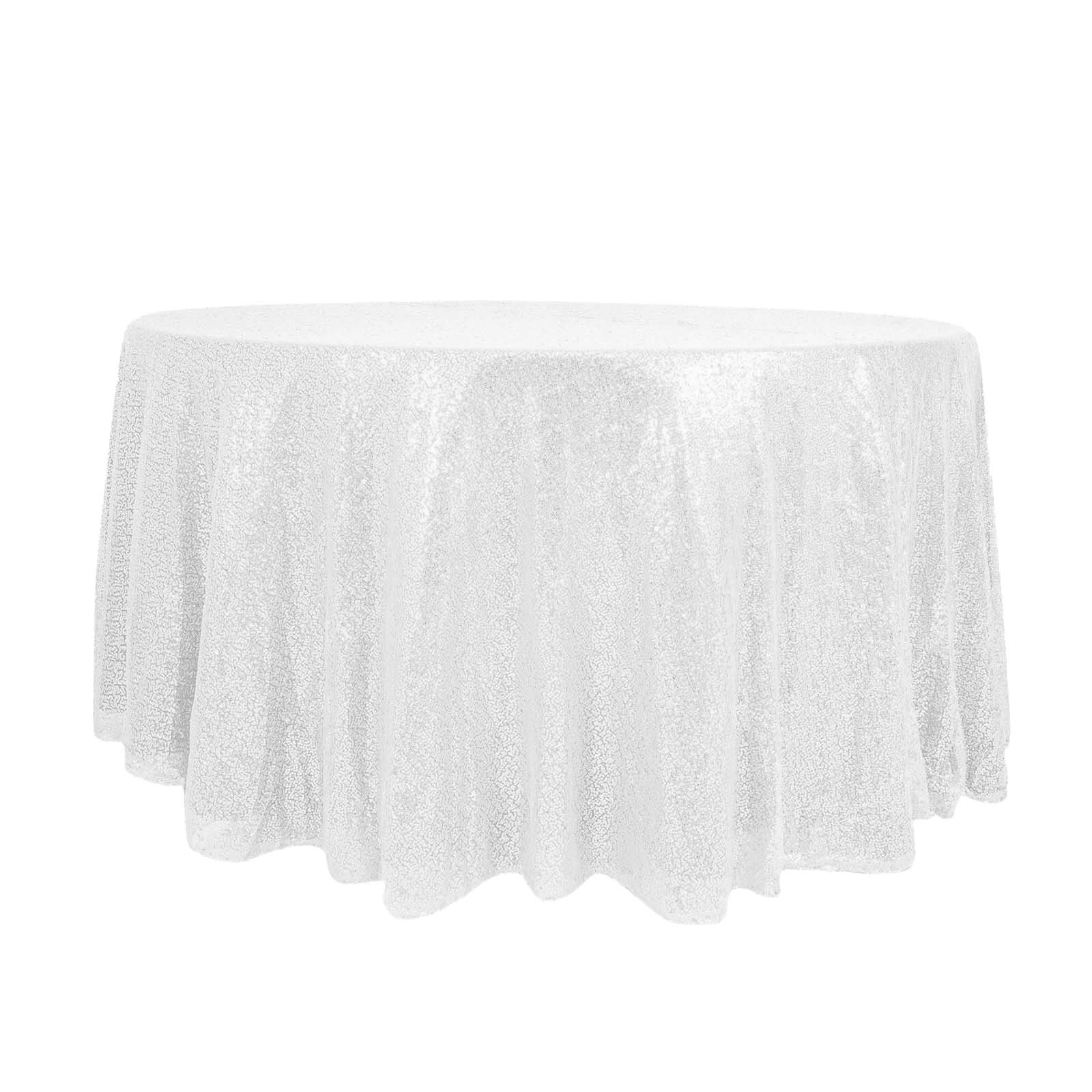 Sequin 120" Round Tablecloth White - Seamless Glittering Design for Sophisticated Events - Linen Luxes