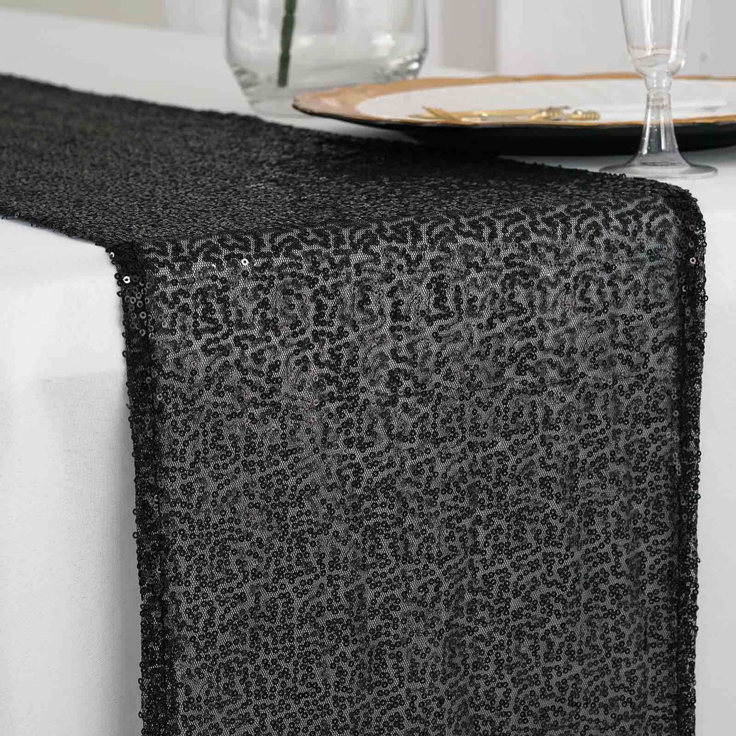 Sequin 12"x108" Table Runner Black - Glittering Design - Linen Luxes