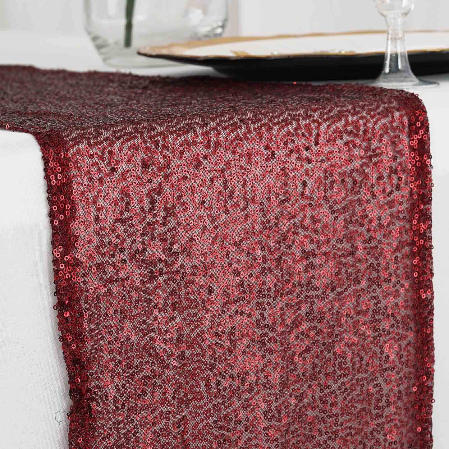Sequin 12"x108" Table Runner Burgundy - Glittering Design - Linen Luxes