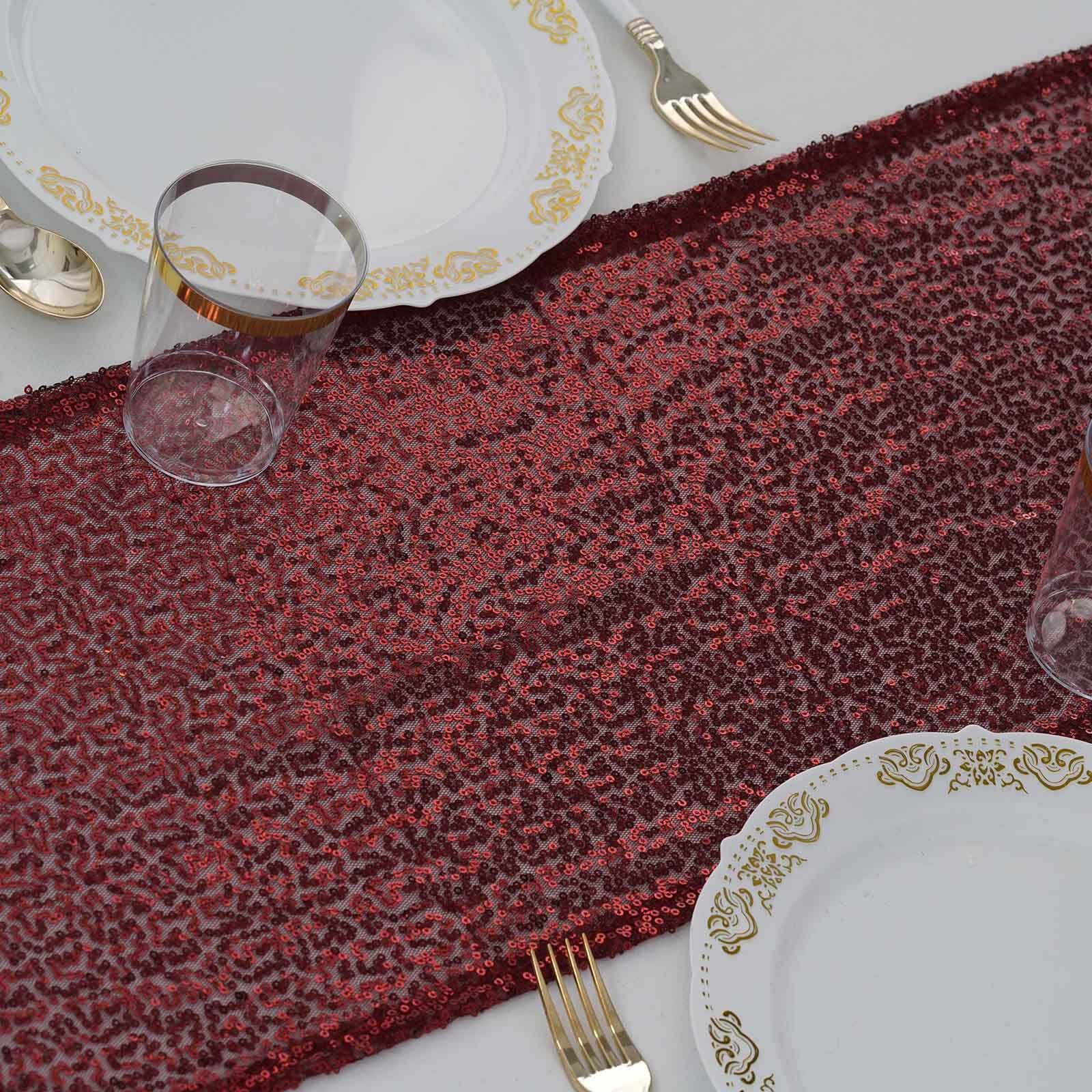 Sequin 12"x108" Table Runner Burgundy - Glittering Design - Linen Luxes
