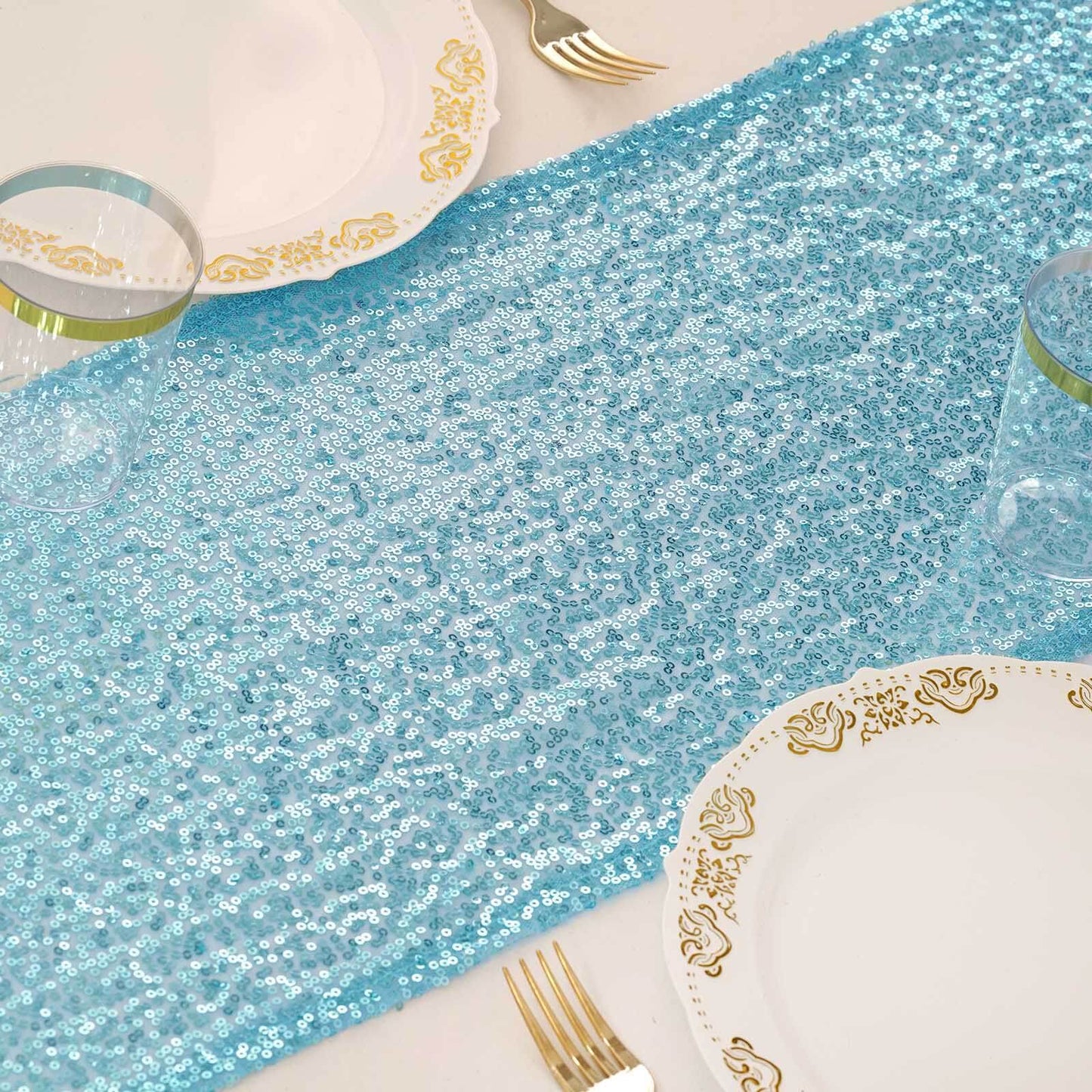 Sequin 12"x108" Table Runner Light Blue - Glittering Design - Linen Luxes