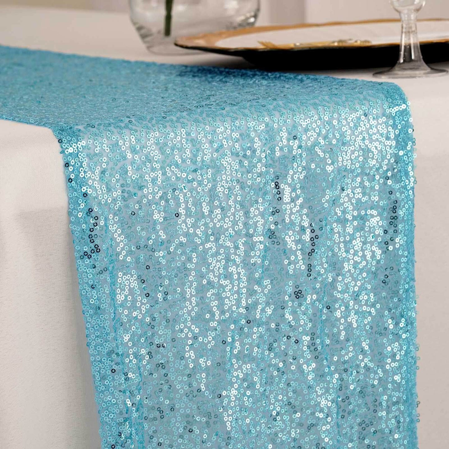 Sequin 12"x108" Table Runner Light Blue - Glittering Design - Linen Luxes