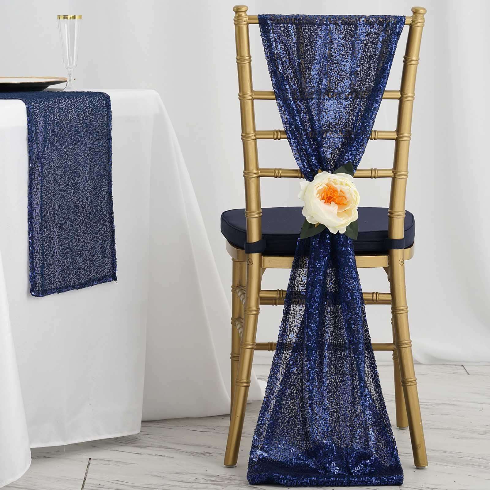 Sequin 12"x108" Table Runner Navy Blue - Glittering Design - Linen Luxes