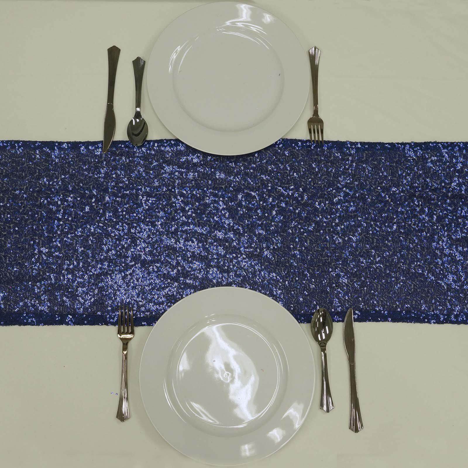 Sequin 12"x108" Table Runner Navy Blue - Glittering Design - Linen Luxes