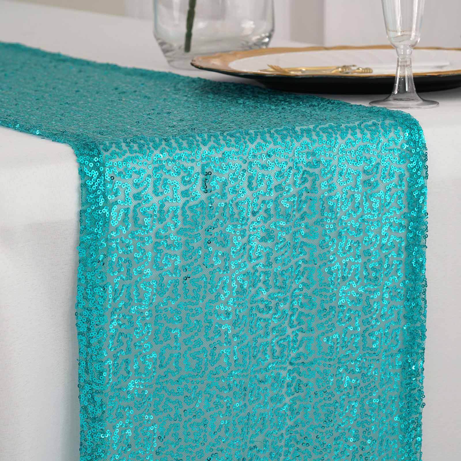 Sequin 12"x108" Table Runner Turquoise - Glittering Design - Linen Luxes