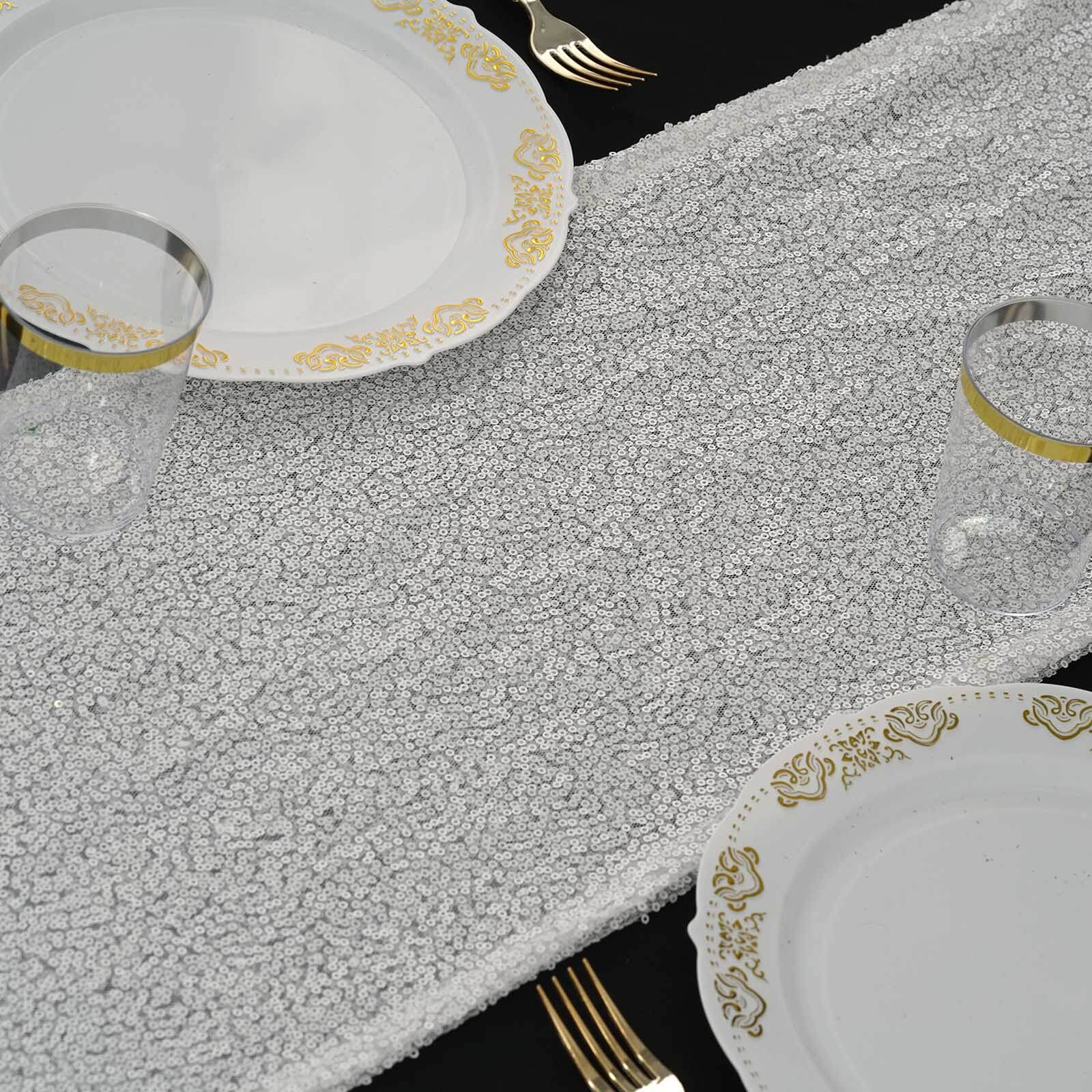 Sequin 12"x108" Table Runner White - Glittering Design for Stylish Celebrations - Linen Luxes