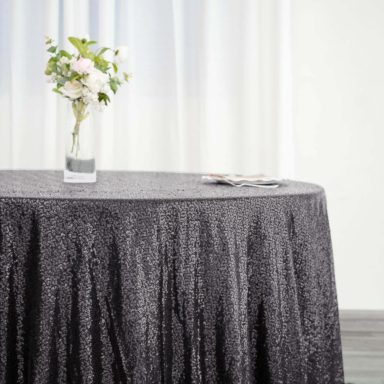 Sequin 132" Round Tablecloth Black - Seamless Dazzling Table Cover - Linen Luxes