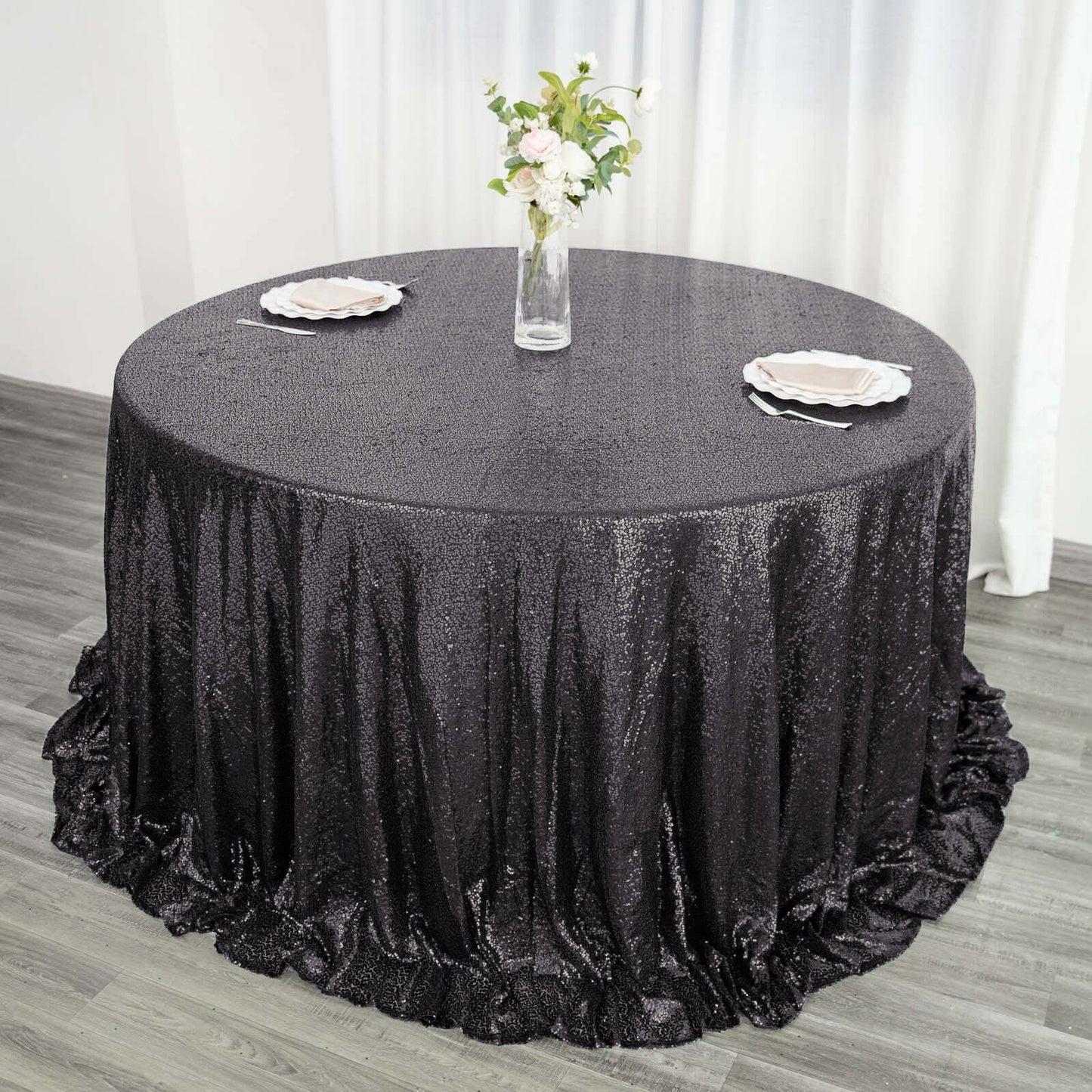 Sequin 132" Round Tablecloth Black - Seamless Dazzling Table Cover - Linen Luxes
