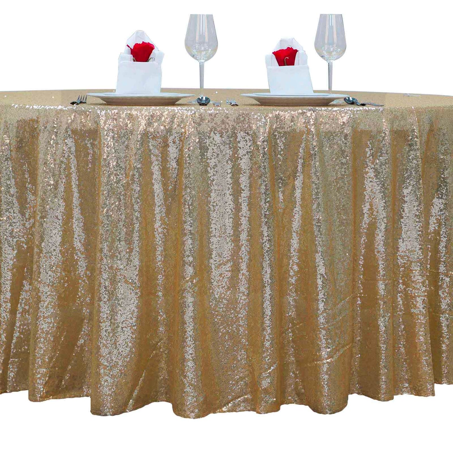 Sequin 132" Round Tablecloth Champagne - Seamless Dazzling Table Cover - Linen Luxes