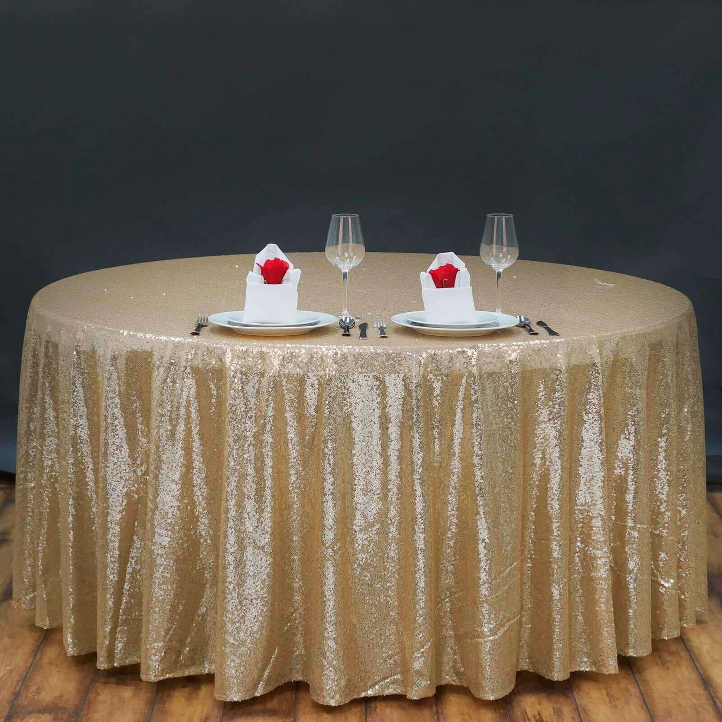 Sequin 132" Round Tablecloth Champagne - Seamless Dazzling Table Cover - Linen Luxes