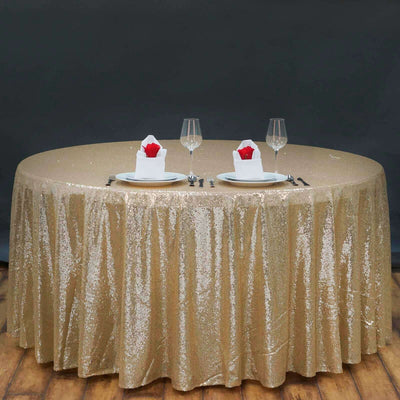 Sequin 132" Round Tablecloth Champagne - Seamless Dazzling Table Cover - Linen Luxes