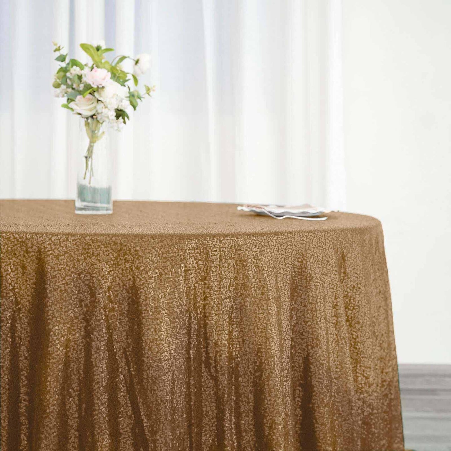 Sequin 132" Round Tablecloth Gold - Seamless Dazzling Design for Refined Events - Linen Luxes