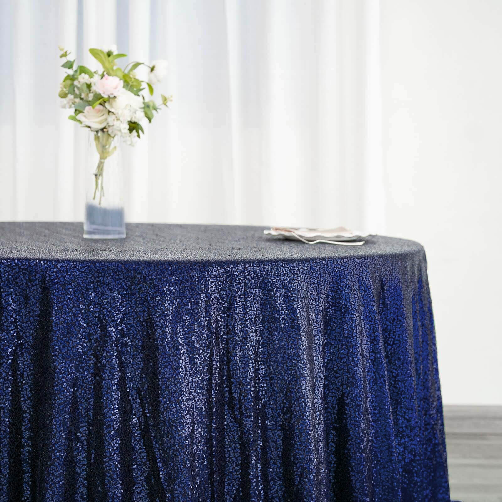 Sequin 132" Round Tablecloth Navy Blue - Seamless Dazzling Table Cover - Linen Luxes