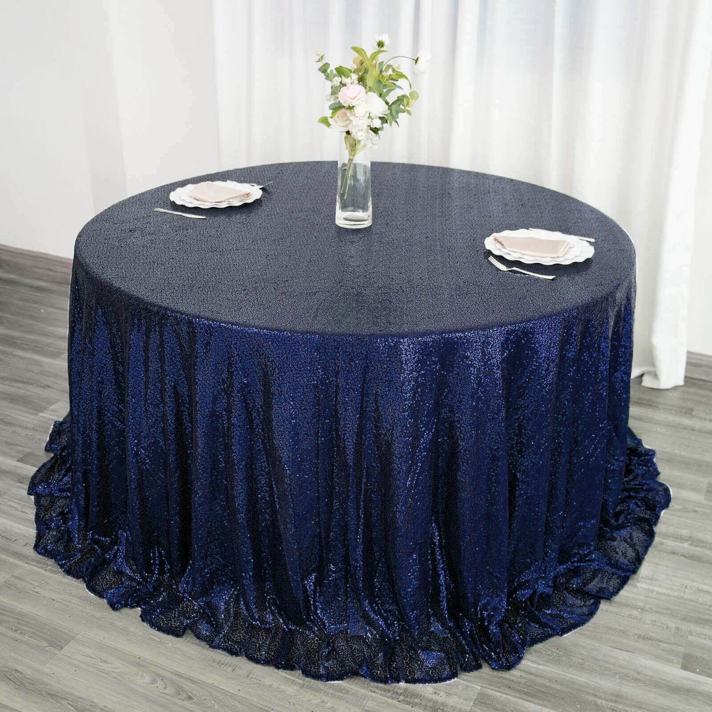 Sequin 132" Round Tablecloth Navy Blue - Seamless Dazzling Table Cover - Linen Luxes