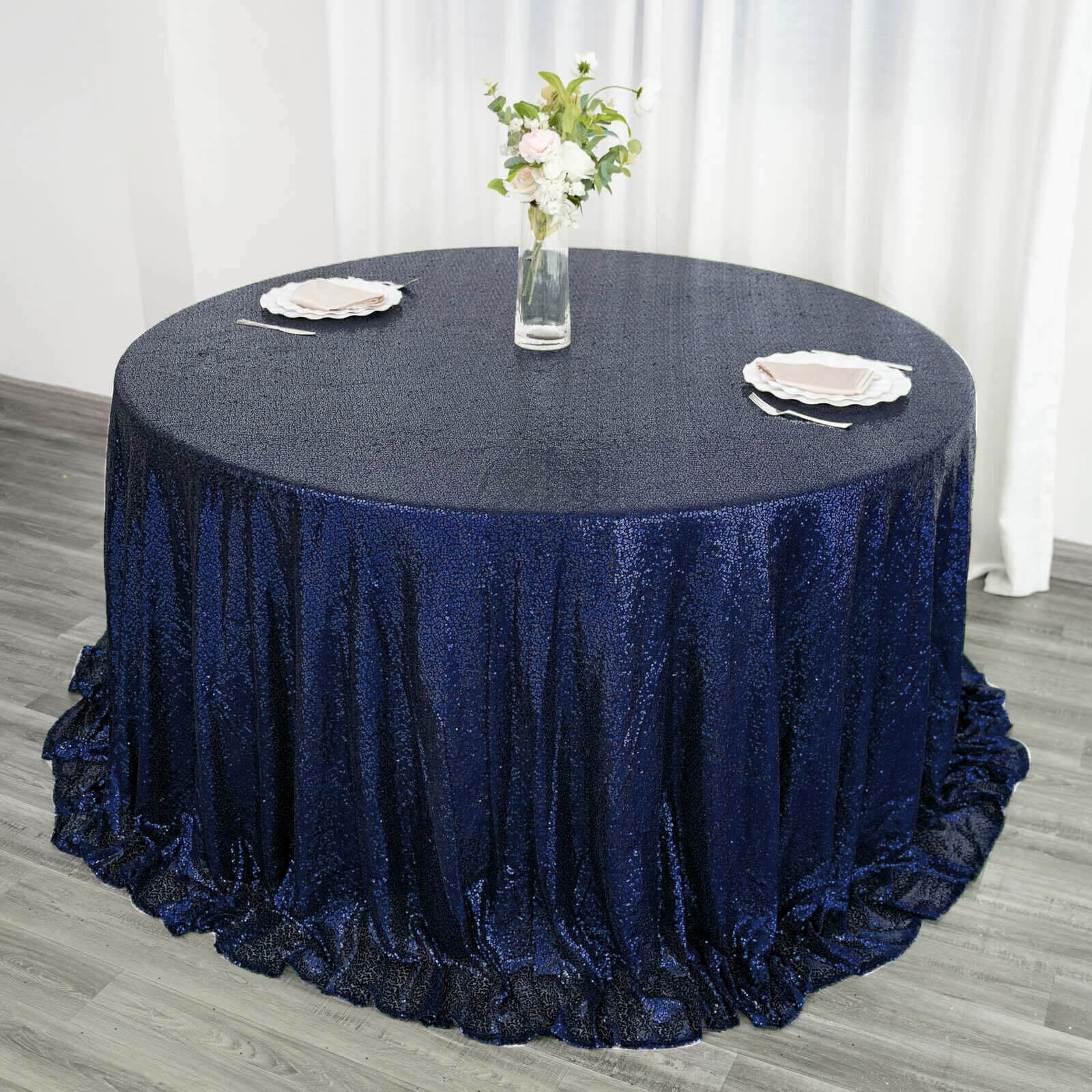 Sequin 132" Round Tablecloth Navy Blue - Seamless Dazzling Table Cover - Linen Luxes