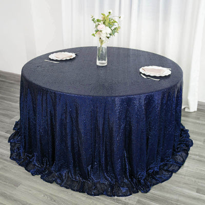 Sequin 132" Round Tablecloth Navy Blue - Seamless Dazzling Table Cover - Linen Luxes