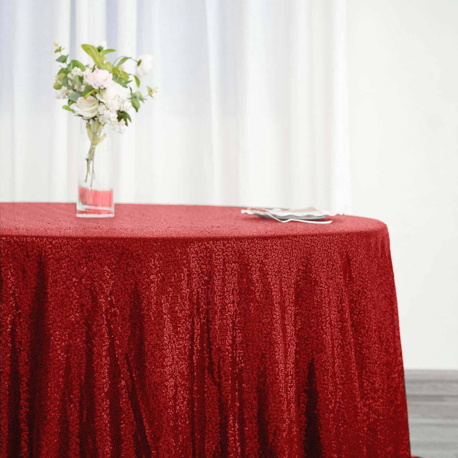 Sequin 132" Round Tablecloth Red - Seamless Dazzling Table Cover - Linen Luxes