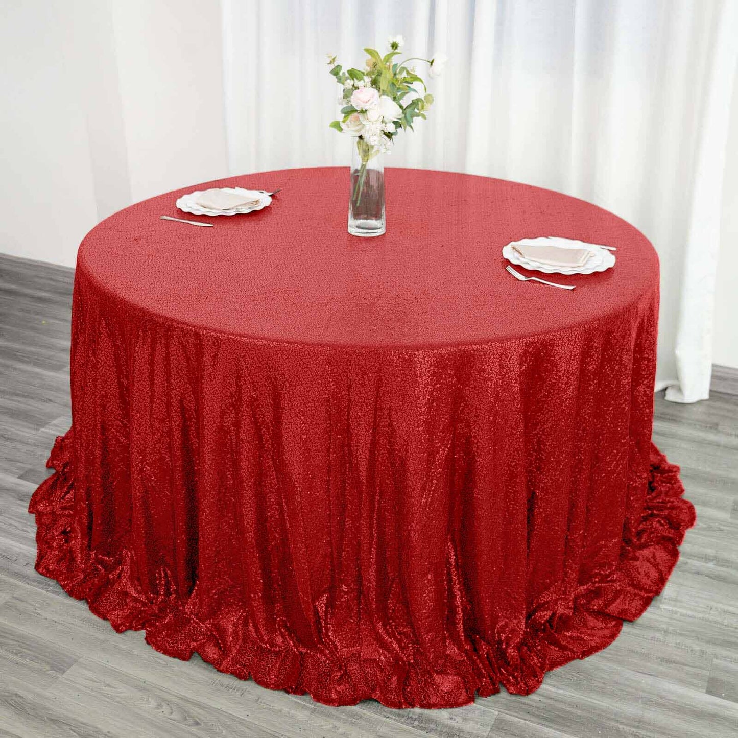 Sequin 132" Round Tablecloth Red - Seamless Dazzling Table Cover - Linen Luxes