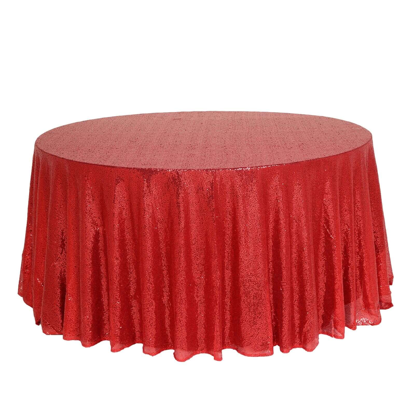 Sequin 132" Round Tablecloth Red - Seamless Dazzling Table Cover - Linen Luxes
