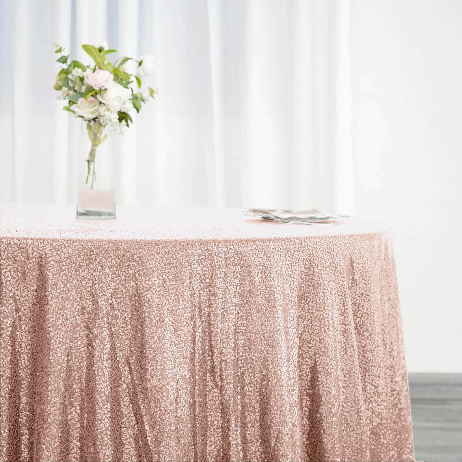 Sequin 132" Round Tablecloth Rose Gold - Seamless Dazzling Table Cover - Linen Luxes