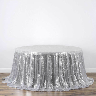 Sequin 132" Round Tablecloth Silver - Seamless Dazzling Table Cover - Linen Luxes