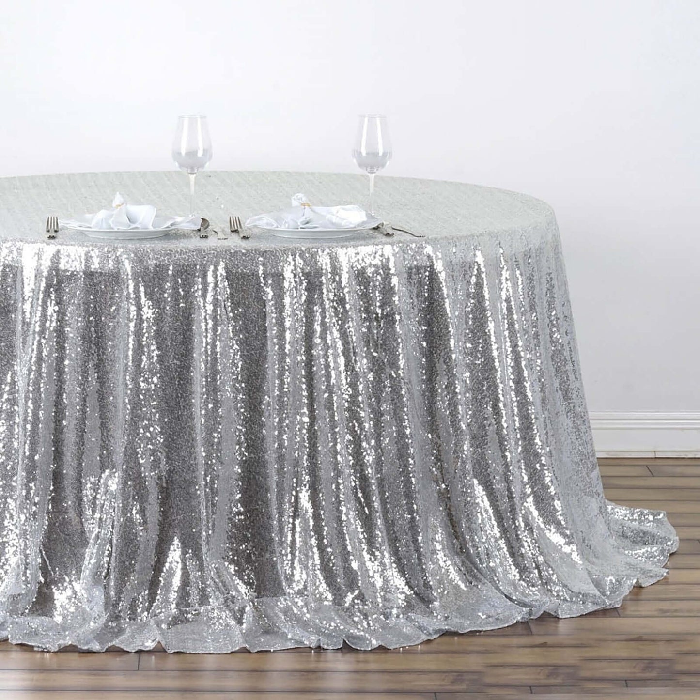 Sequin 132" Round Tablecloth Silver - Seamless Dazzling Table Cover - Linen Luxes