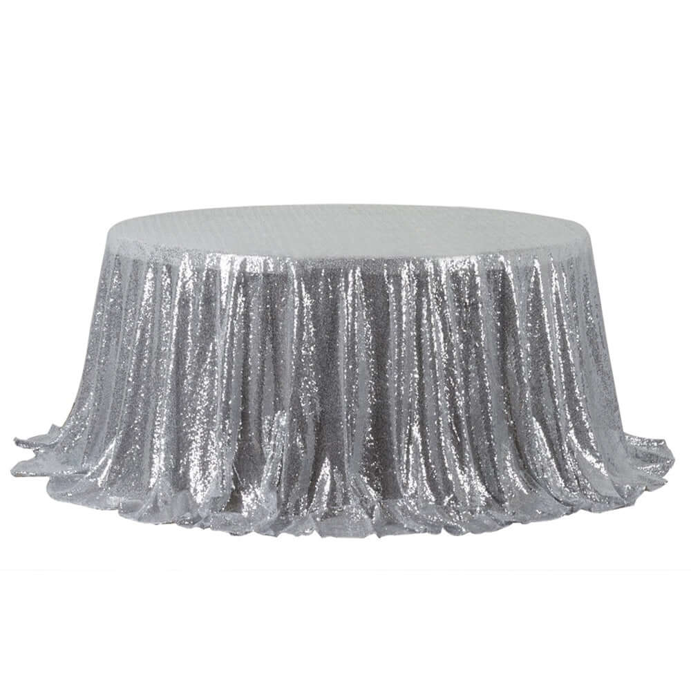 Sequin 132" Round Tablecloth Silver - Seamless Dazzling Table Cover - Linen Luxes