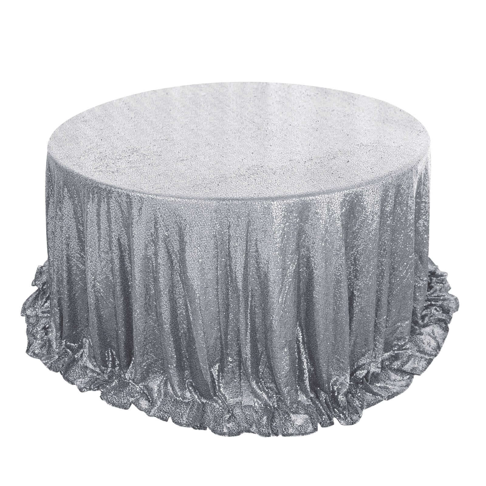 Sequin 132" Round Tablecloth Silver - Seamless Dazzling Table Cover - Linen Luxes