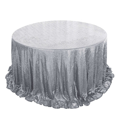 Sequin 132" Round Tablecloth Silver - Seamless Dazzling Table Cover - Linen Luxes