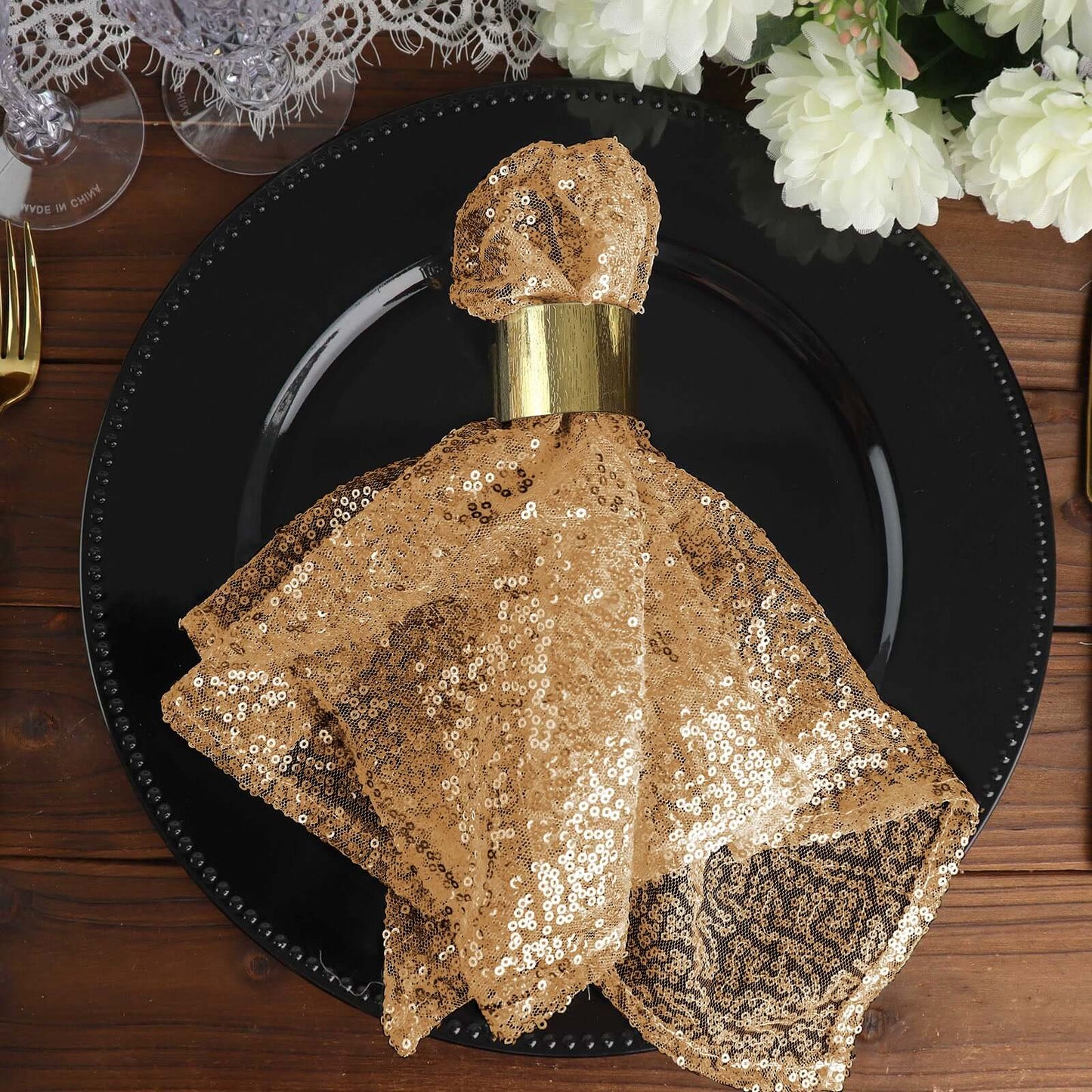 Sequin 20"x20" Napkin Gold - Shimmering Decorative Dinner Napkin for Weddings & Events - Linen Luxes