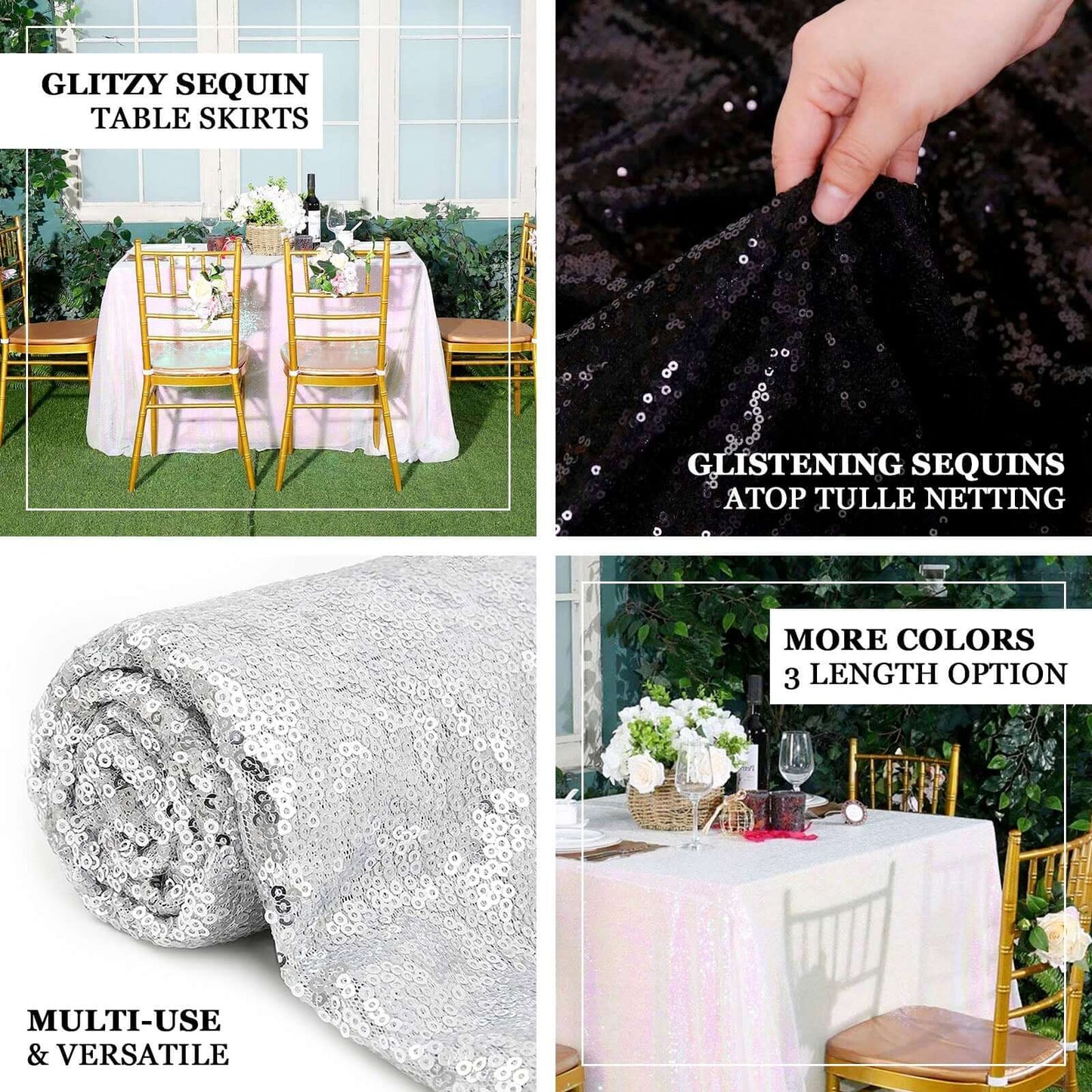 Sequin 21ft Table Skirt White Iridescent - Glitzy Design for Upscale Occasions - Linen Luxes