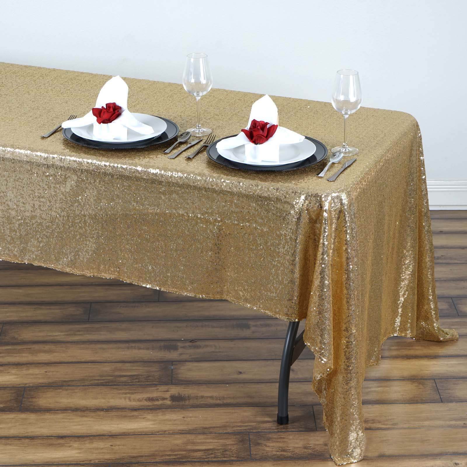 Sequin 60"x126" Rectangle Tablecloth Champagne - Glittering Finish Table Cover - Linen Luxes