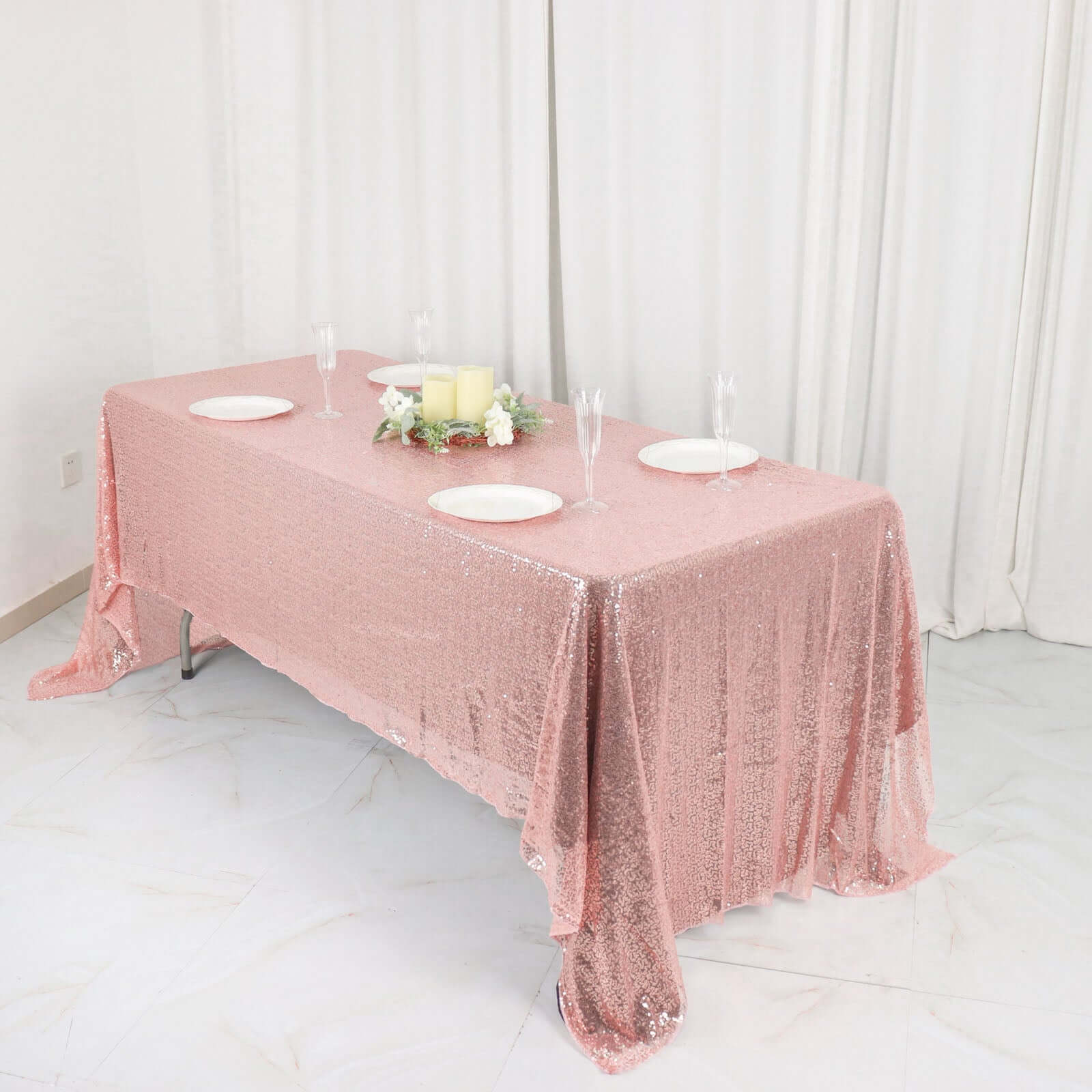 Sequin 60"x126" Rectangle Tablecloth Rose Gold - Glittering Finish Table Cover - Linen Luxes