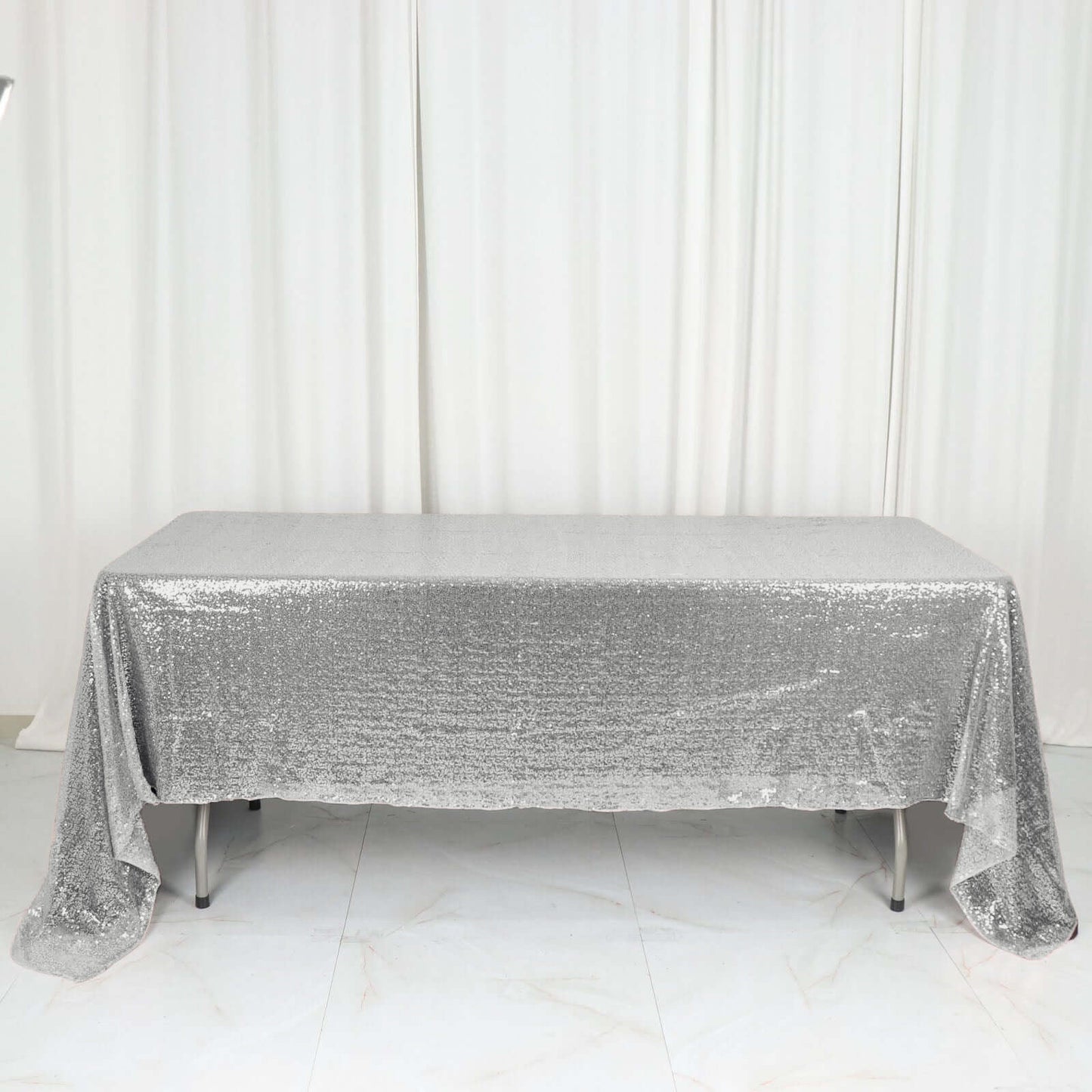 Sequin 60"x126" Rectangle Tablecloth Silver - Glittering Finish Table Cover - Linen Luxes