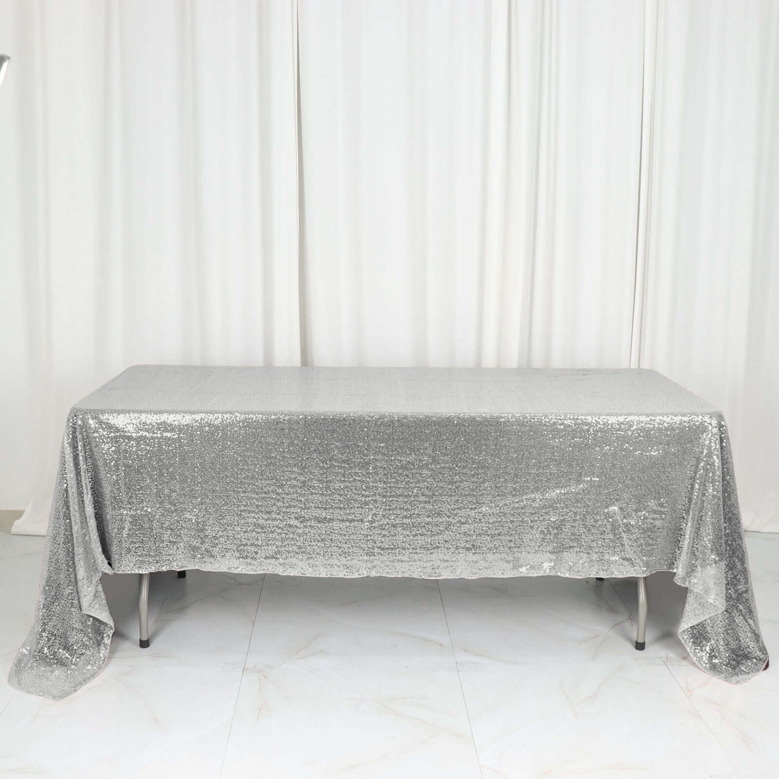 Sequin 60"x126" Rectangle Tablecloth Silver - Glittering Finish Table Cover - Linen Luxes