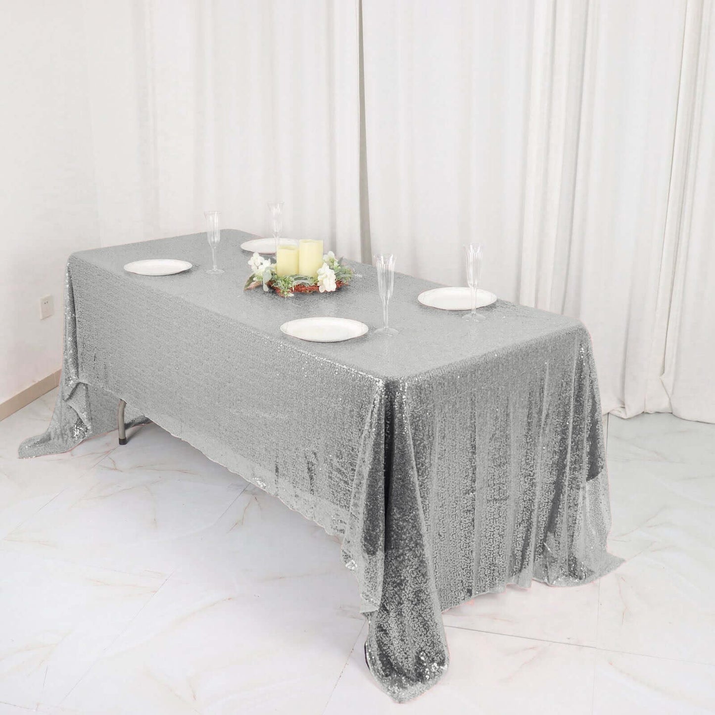 Sequin 60"x126" Rectangle Tablecloth Silver - Glittering Finish Table Cover - Linen Luxes