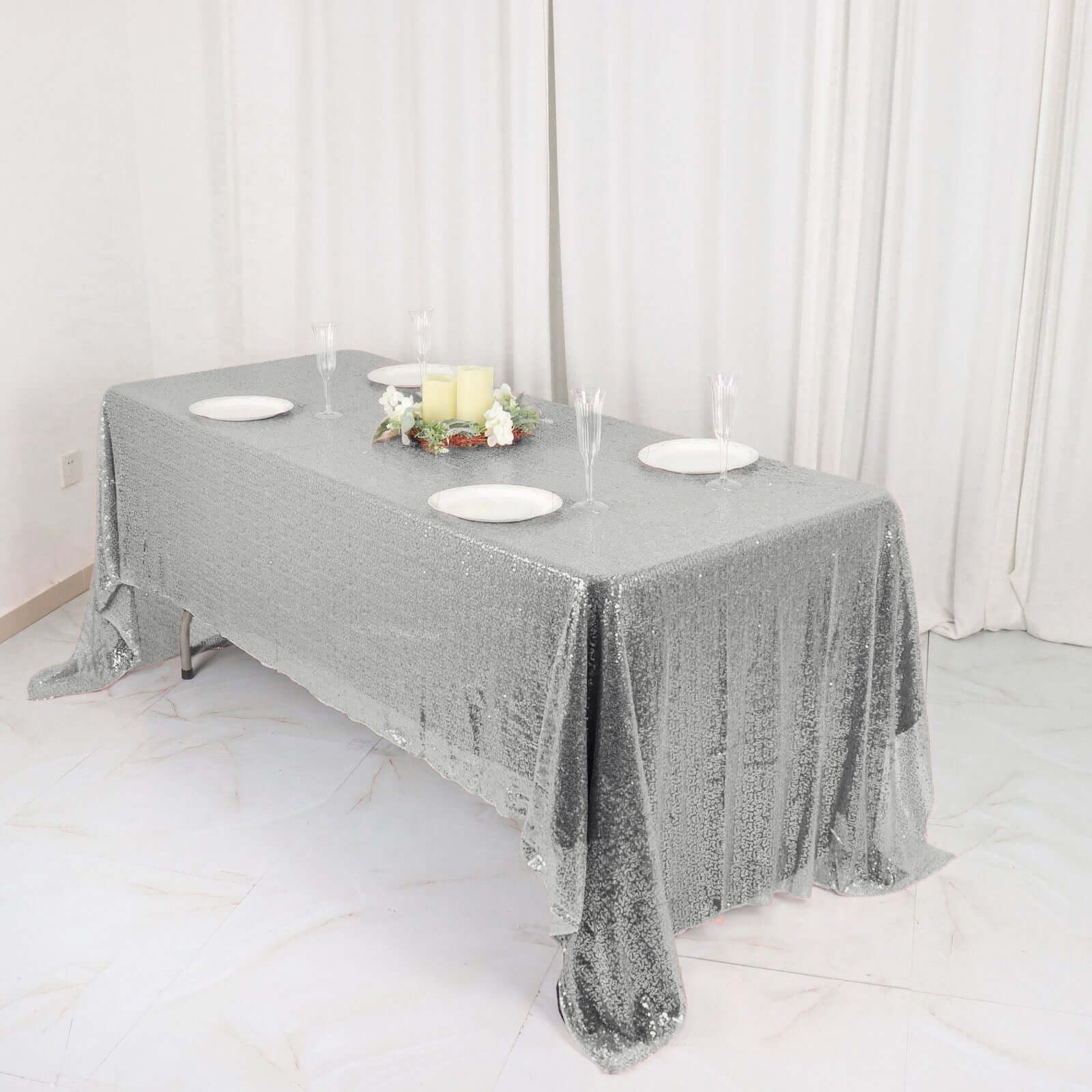Sequin 60"x126" Rectangle Tablecloth Silver - Glittering Finish Table Cover - Linen Luxes