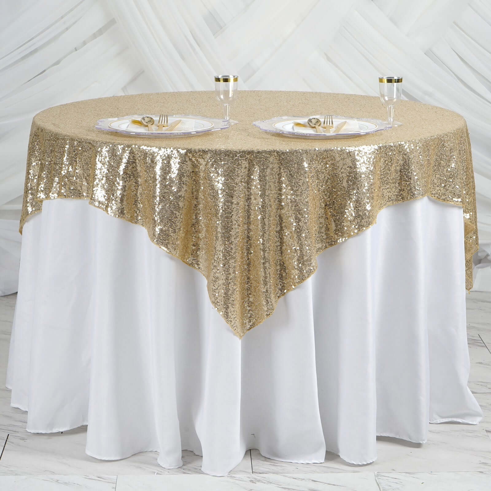 Sequin 60"x60" Table Overlay Square Tablecloth Champagne - Luxe Wedding Table Topper - Linen Luxes