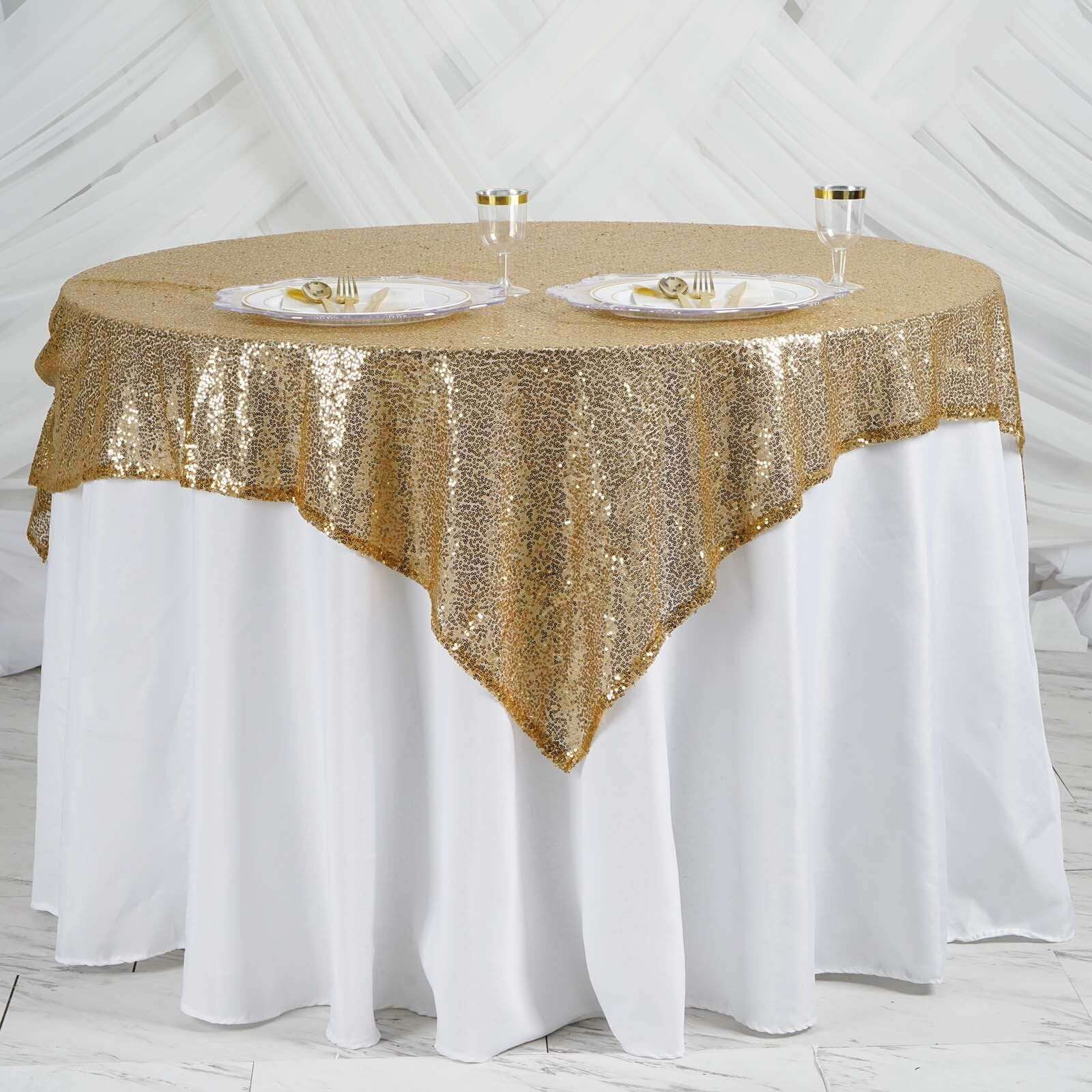 Sequin 60"x60" Table Overlay Square Tablecloth Gold - Luxe Wedding Table Topper - Linen Luxes