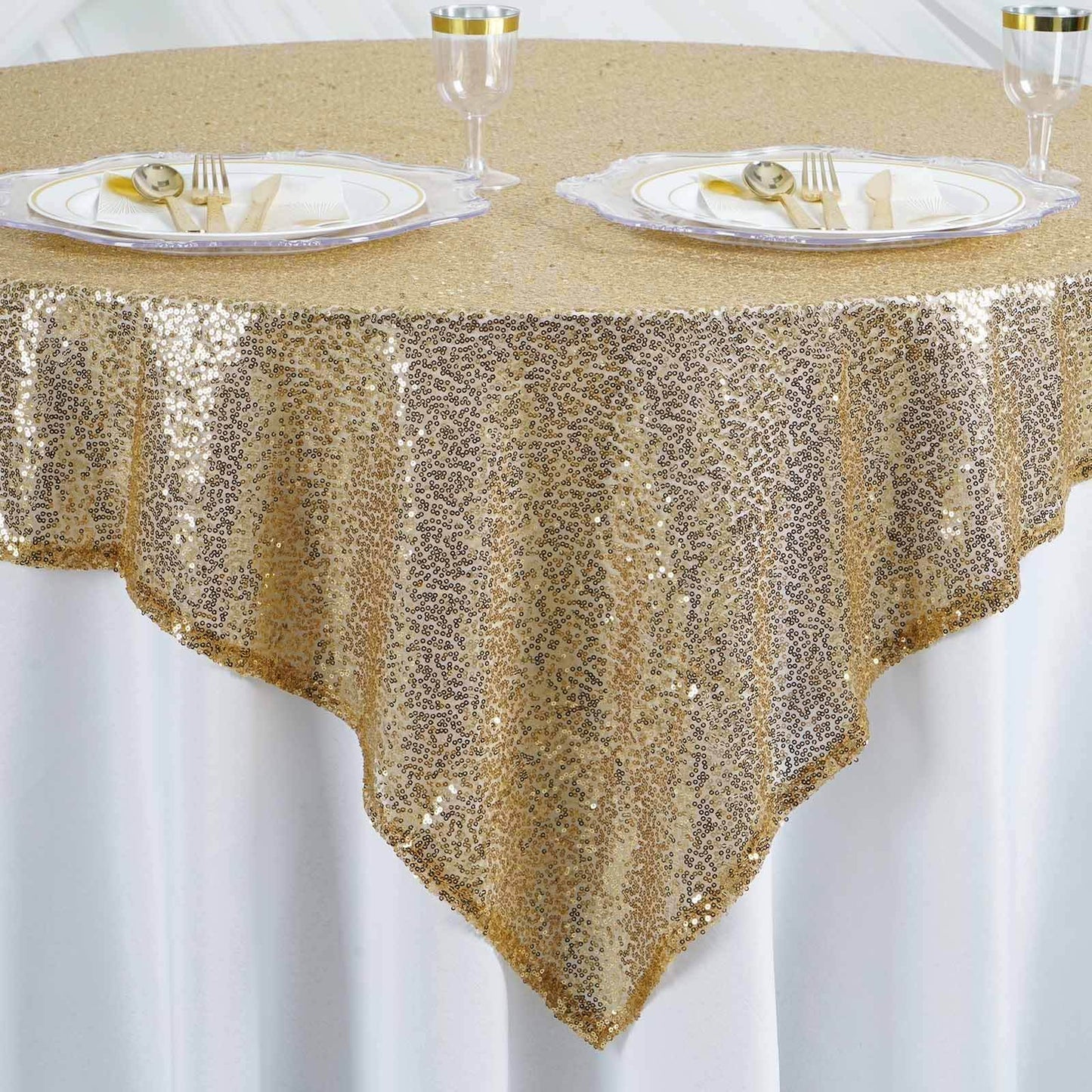 Sequin 60"x60" Table Overlay Square Tablecloth Gold - Luxe Wedding Table Topper - Linen Luxes