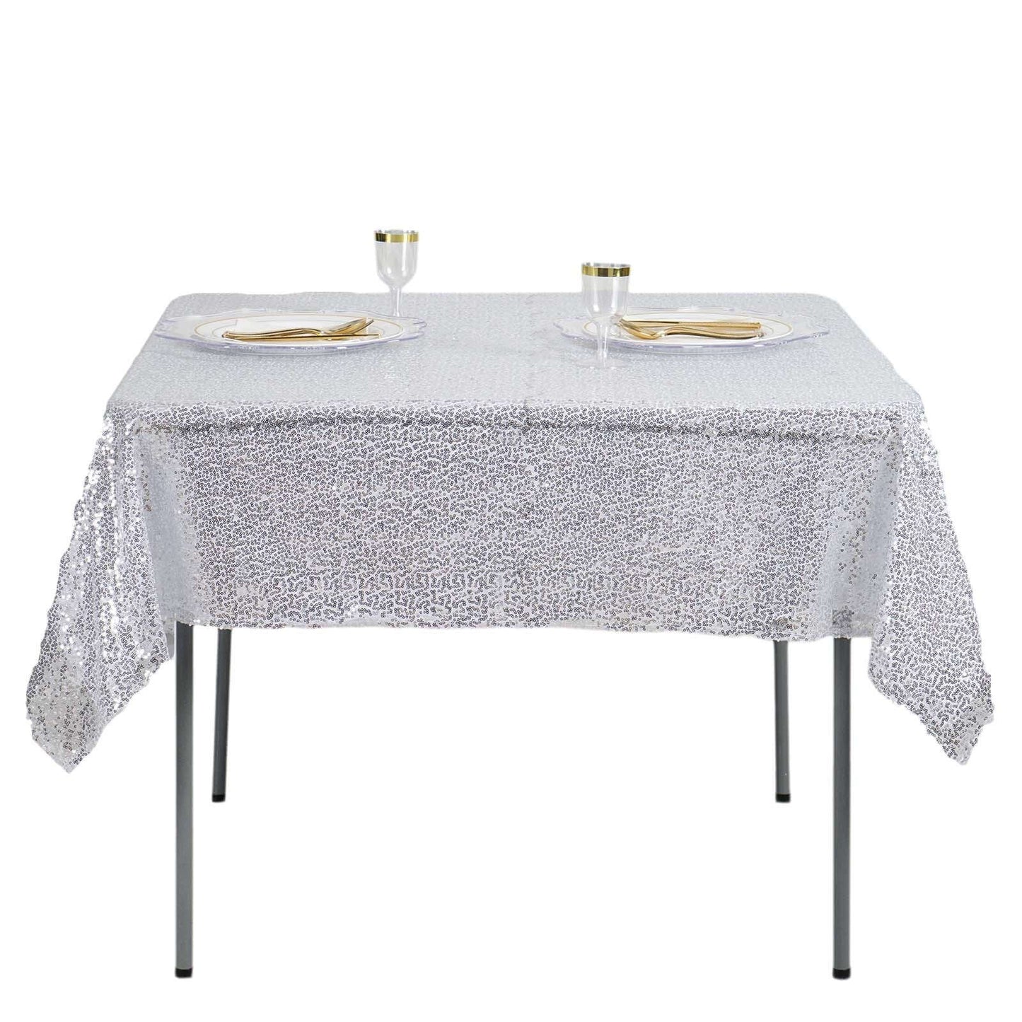 Sequin 60"x60" Table Overlay Square Tablecloth Silver - Luxe Wedding Table Topper - Linen Luxes