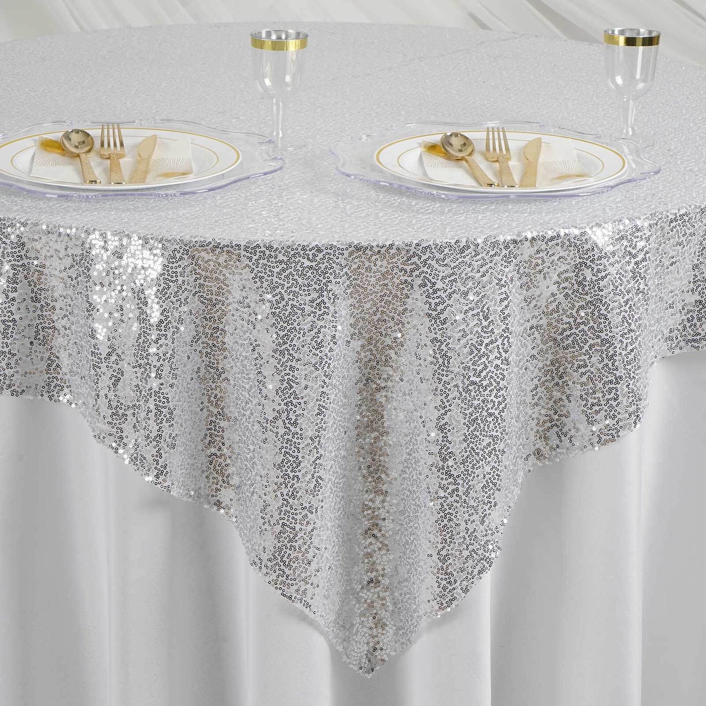 Sequin 60"x60" Table Overlay Square Tablecloth Silver - Luxe Wedding Table Topper - Linen Luxes