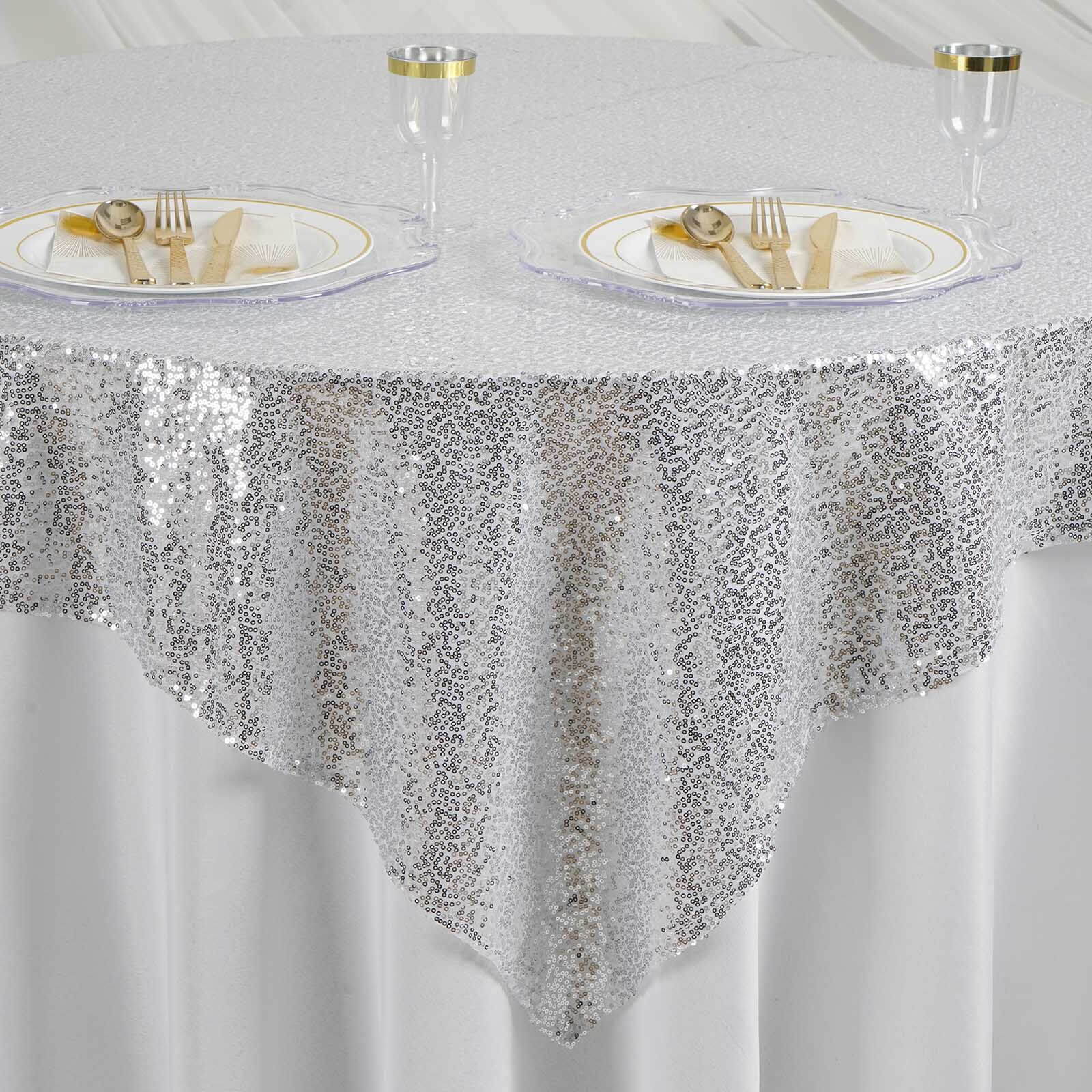 Sequin 60"x60" Table Overlay Square Tablecloth Silver - Luxe Wedding Table Topper - Linen Luxes
