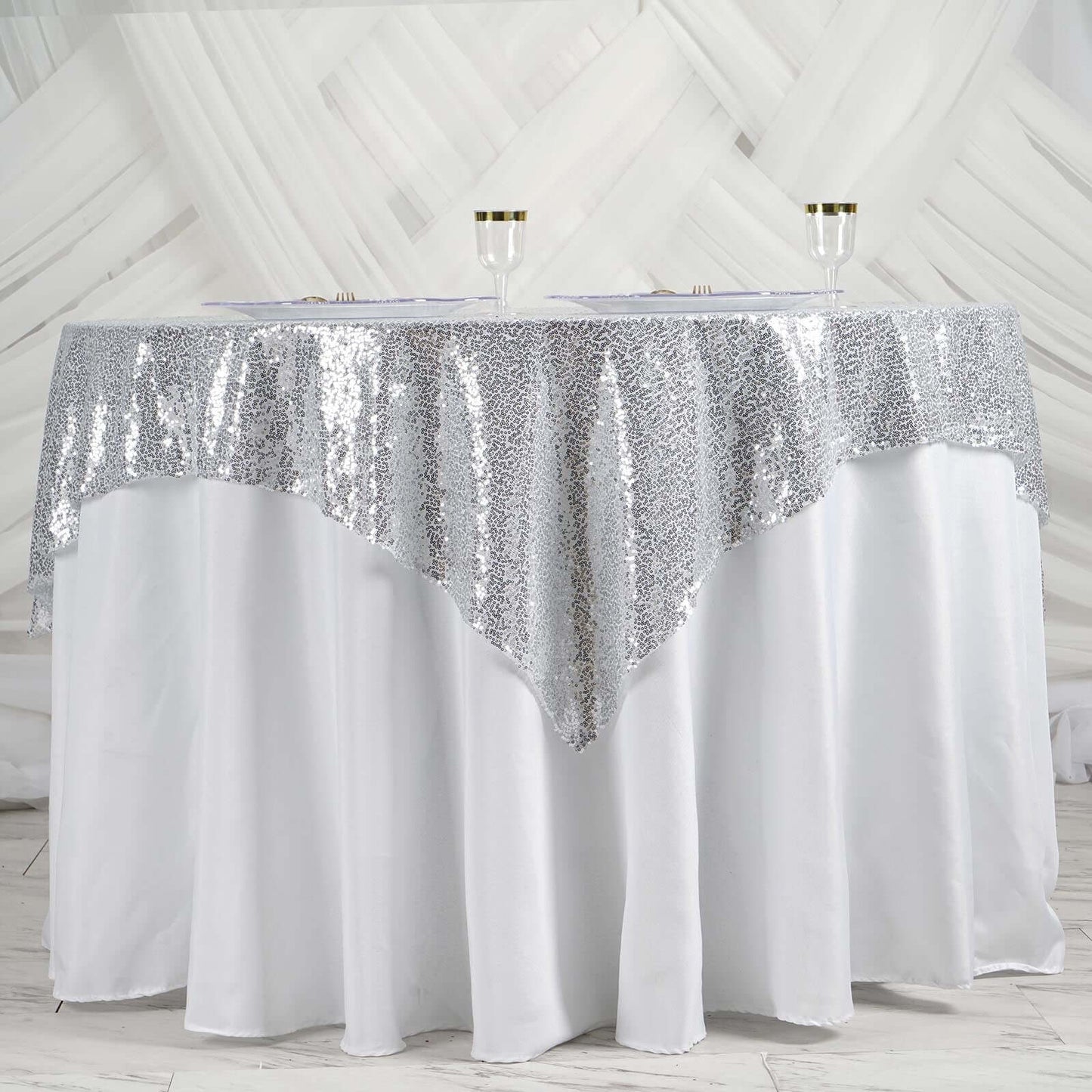 Sequin 60"x60" Table Overlay Square Tablecloth Silver - Luxe Wedding Table Topper - Linen Luxes