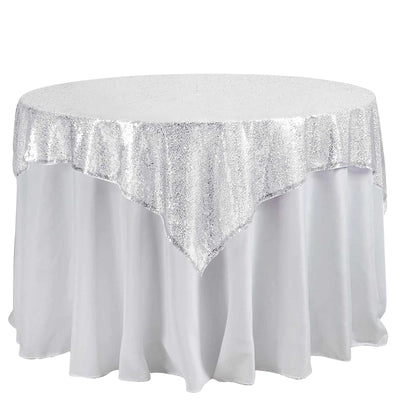Sequin 60"x60" Table Overlay Square Tablecloth Silver - Luxe Wedding Table Topper - Linen Luxes