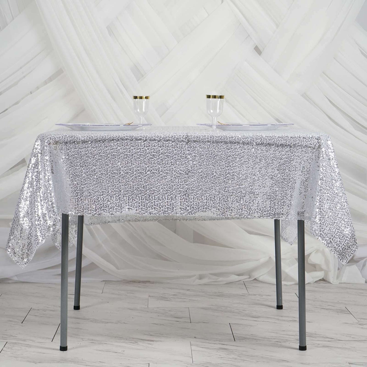 Sequin 60"x60" Table Overlay Square Tablecloth Silver - Luxe Wedding Table Topper - Linen Luxes